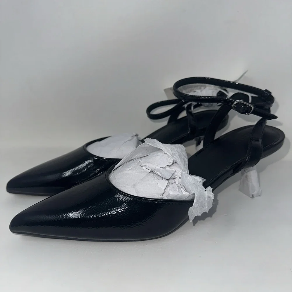 New Black Patent Leather Pointed Ankle Strap Kitten Heels Pumps Size 7 1/2